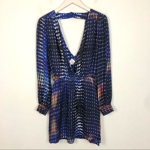 Parker  💯 silk blue printed long sleeve silk mini dress with surplice front XS